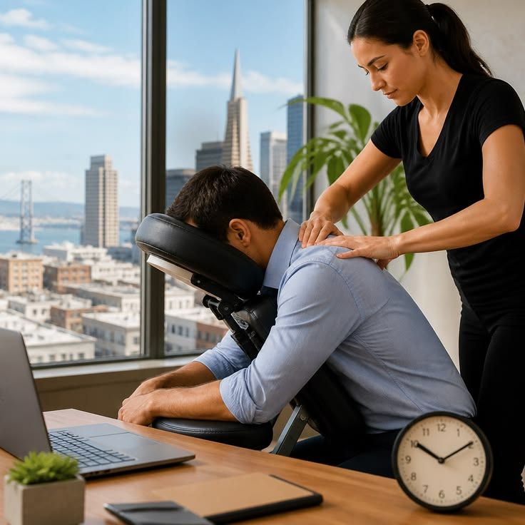 Profissional aplicando massagem laboral em colaborador no ambiente de trabalho